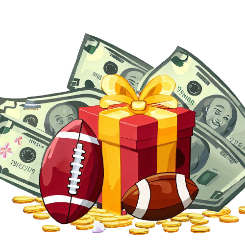 Confezione regalo, due palloni da calcio americani, monete e banconote