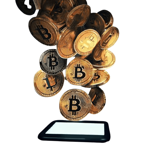 Un telefono da cui fuoriescono bitcoin
