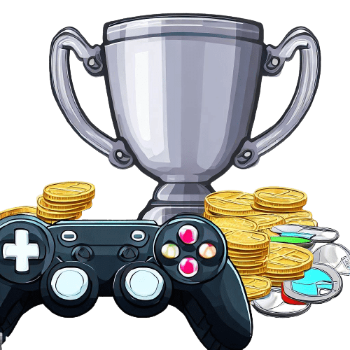 Un controller per giochi virtuali, una tazza e monete d'argento